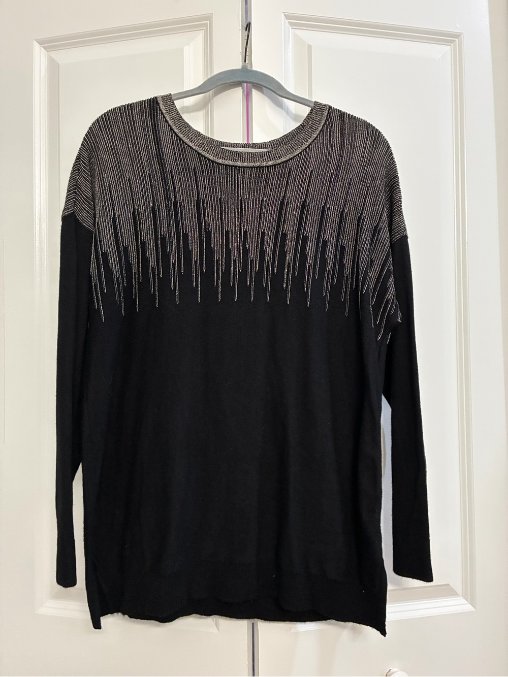 Alfani Black Crewneck Sweater with Silver Metallic Yoke